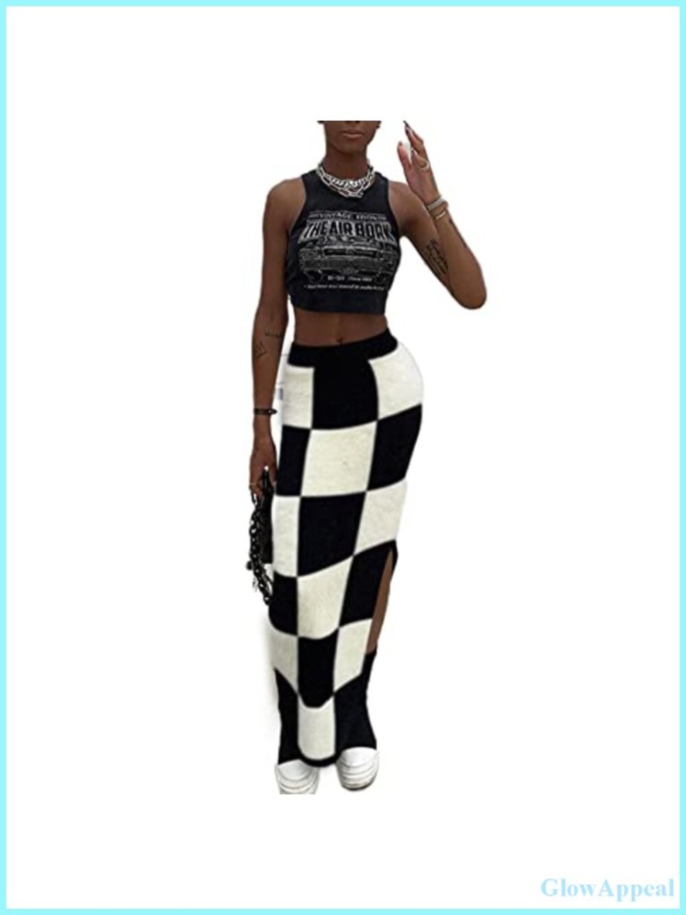 Women High Waist Plaid Knit Bodycon Midi Skirt Side Split